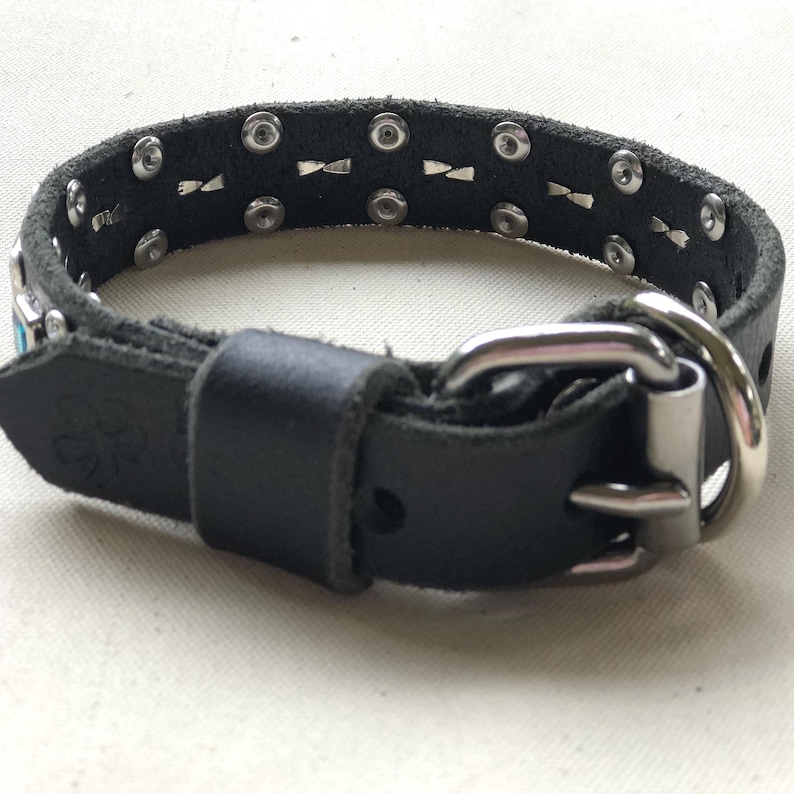 Luxury Leather Small Dog Collar, Turquoise Square Crystal Collar, Custom Designer Dog Collar – 3/4” Wide image 7