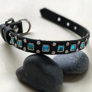 Luxury Leather Small Dog Collar, Turquoise Square Crystal Collar, Custom Designer Dog Collar – 3/4” Wide image 6