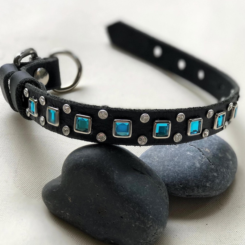 Luxury Leather Small Dog Collar, Turquoise Square Crystal Collar, Custom Designer Dog Collar – 3/4” Wide image 6