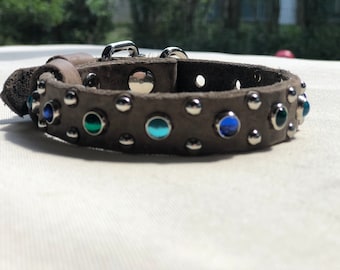 Custom Leather Dog Collar With Blue & Green Crystal, Jeweled Rustic Leather Dog Collar 3/4" Inch, Collar For Small Dogs , Dog Lover Gift