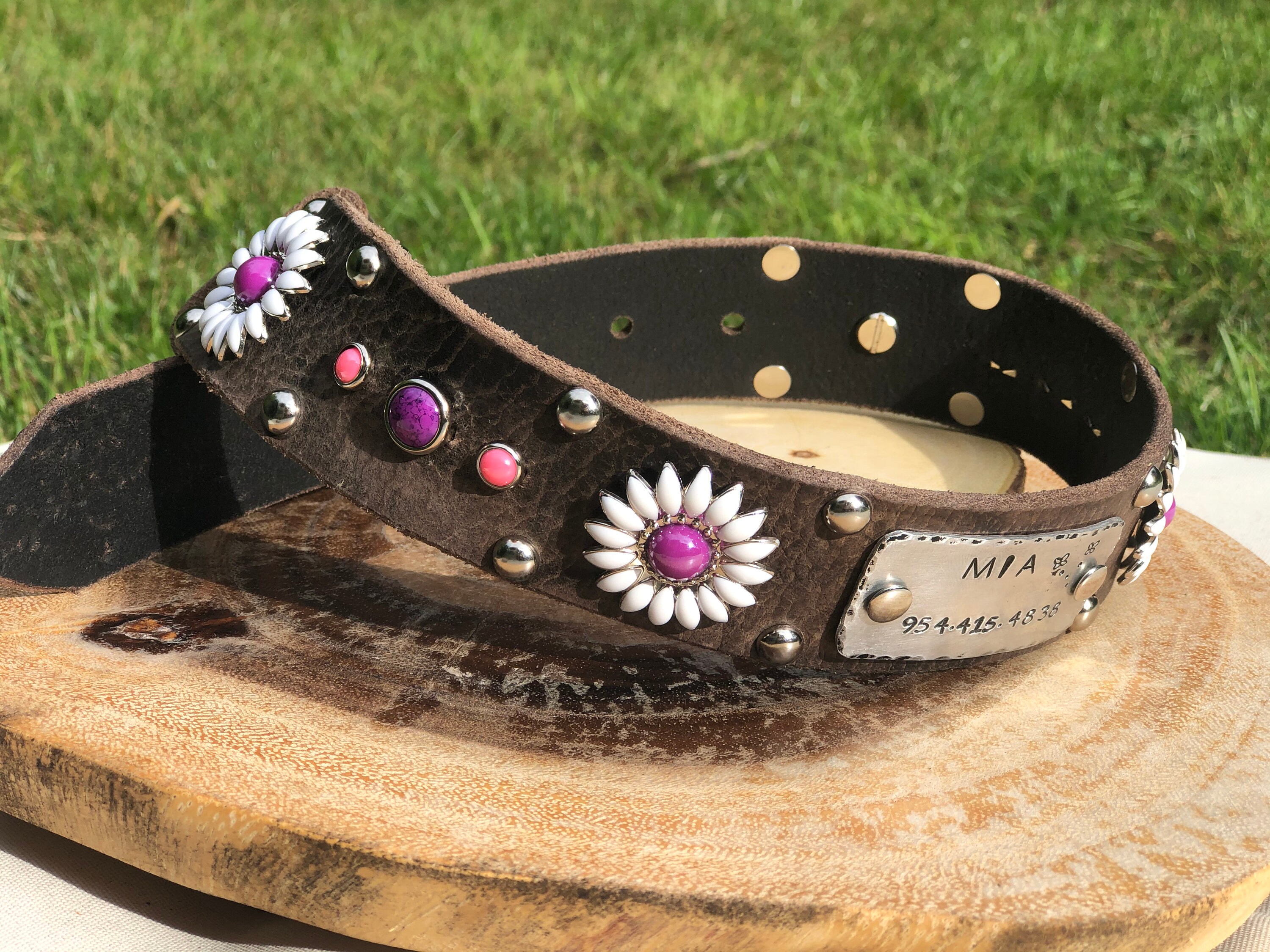 Premade Daisy Girly Leather Dog Collar - Dark Brown, 1.5" X 22", Personalized Nickel Nameplate, Purple & Pink Flowers