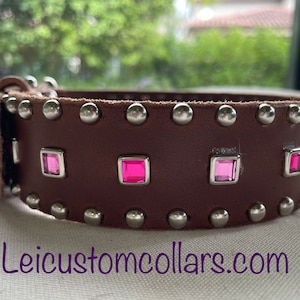 Halsband met vierkante roze juwelen, 1,5 inch breed, gepersonaliseerde aangepaste halsband, rustieke halsband met strass, vrouwelijke halsband