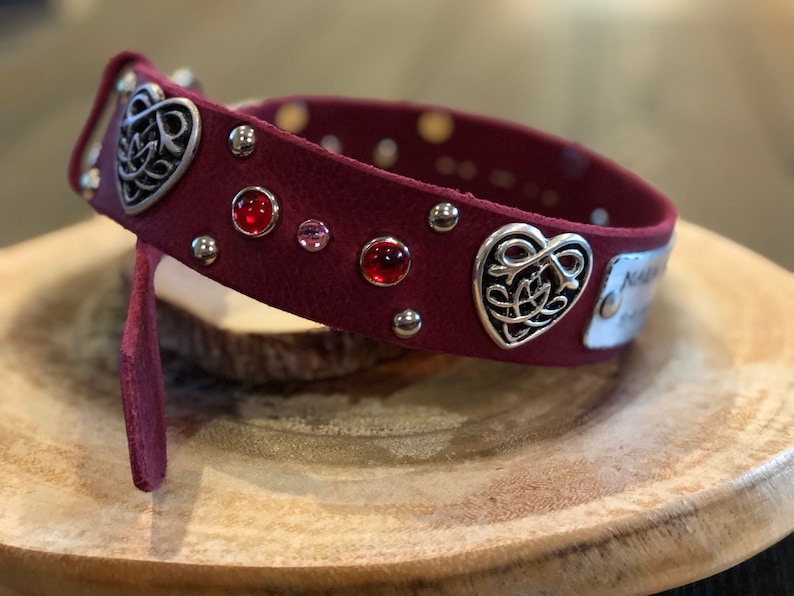 Pink /&Red Gemstone and Custom Nameplate Heart Dog Collar Valentine/'s Day Dog Red Leather Collar with Celtic Heart Concho 1.5 inches wide
