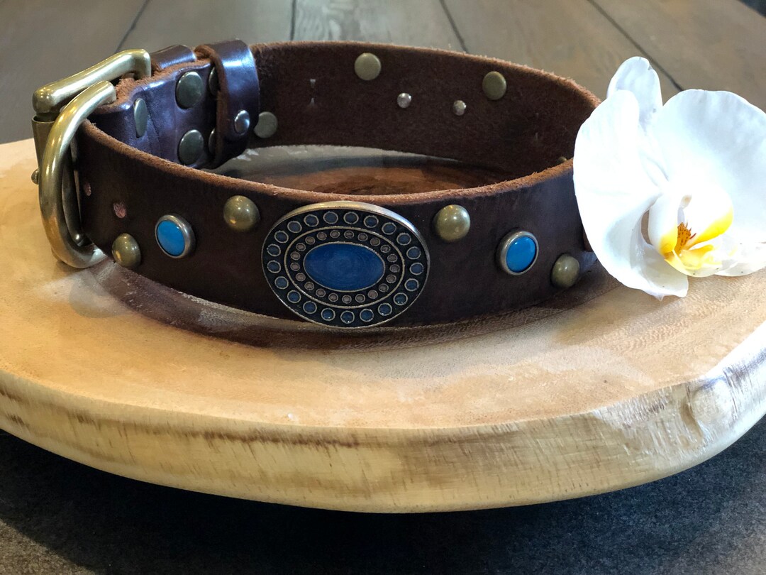 Western Leather Dog Collar With Antique Style Conchos, Turquoise Stones