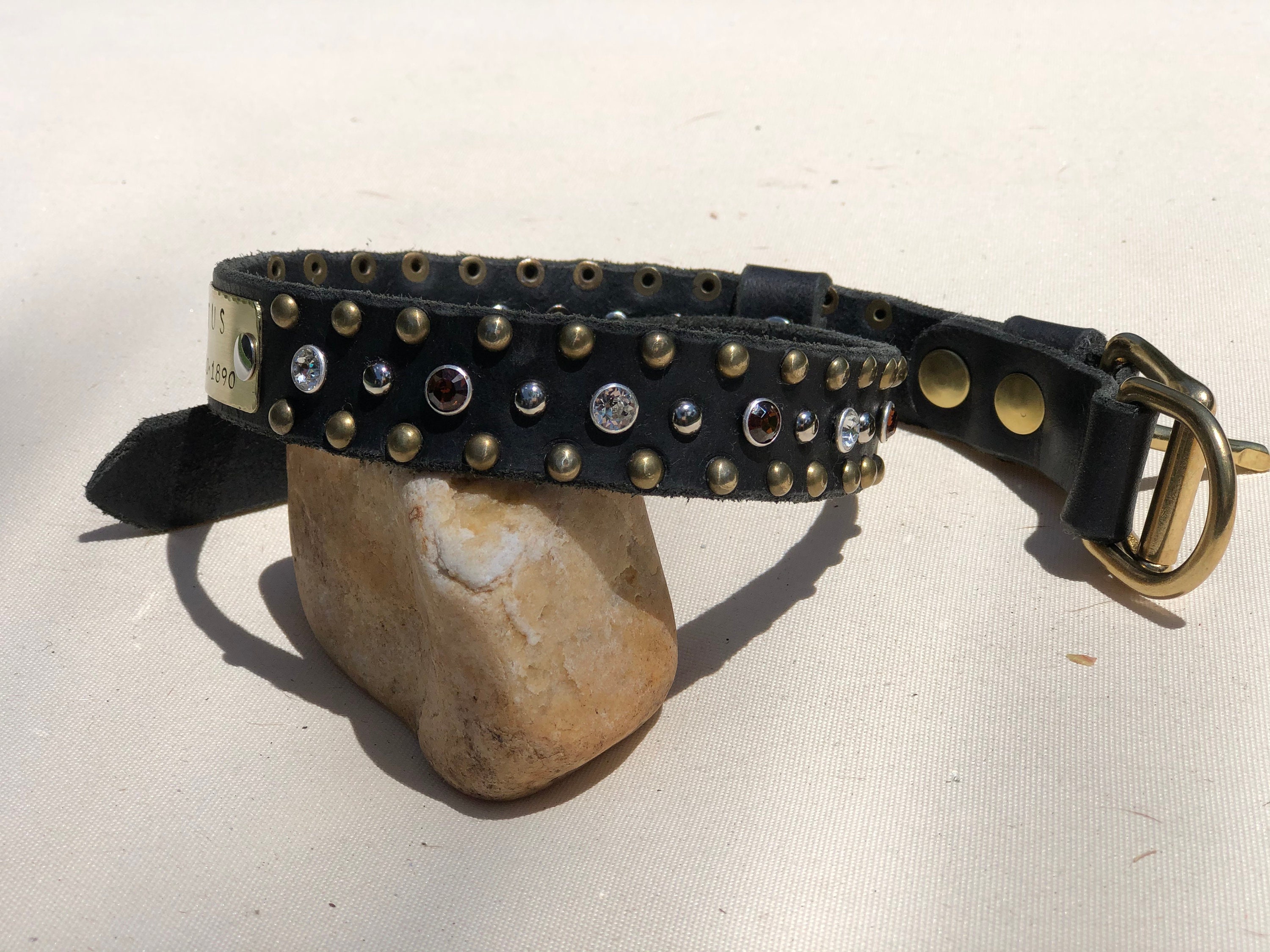 Personalized Swarovski Crystal Leather Dog Collar 1" Inch Wide, For Lover, Custom Leather Collar