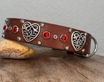 Heart Dog Collar, Valentine's Day Dog Red Leather Collar with Celtic Heart Concho. Pink &Red Gemstone, and Custom Nameplate, 1.5 inches wide