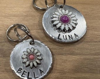 Daisy Floral Pet Tag, Personalized Hand Stamped ID Tag, Boho Flower, Custom Name, Brass or Nickel