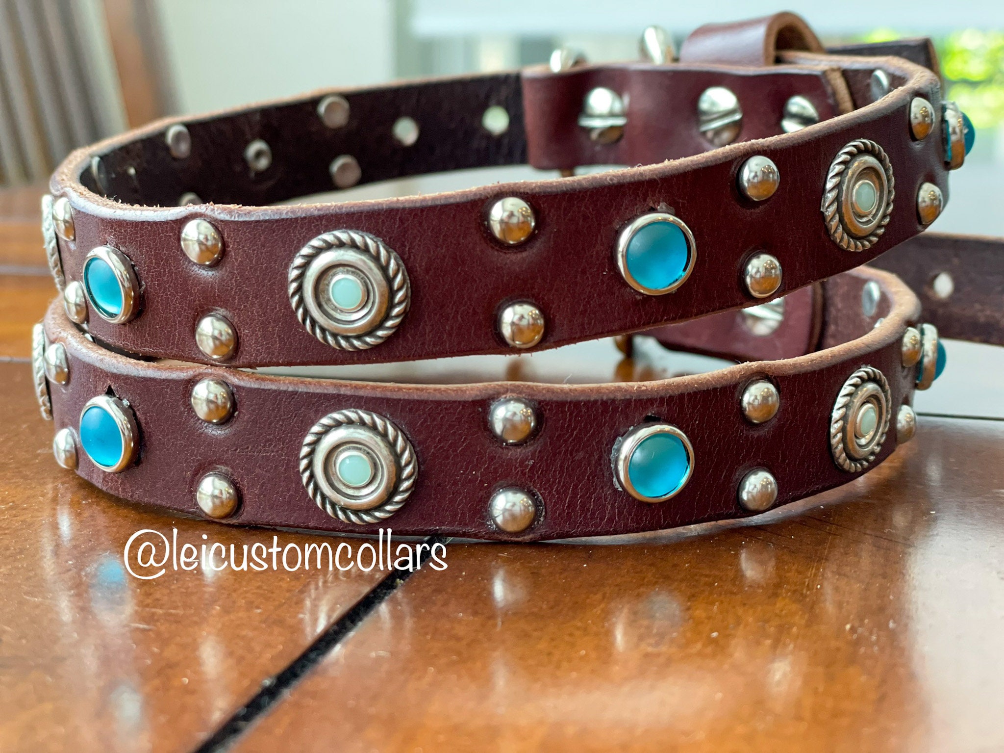Custom Jeweled Leather Dog Collar in Blue For Small Dogs, Rustic Premium With Swarovski Crystals, 3/4" Inch Gift