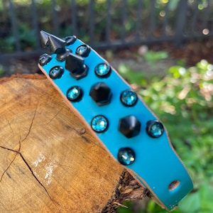 Spike Dog Collar With crystals, Turquoise Dog collar, Collar For X-Small Dogs, Crystals Leather Dog Collar, Cool Collar, 3/4&quot; Wide Collar