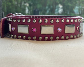 Personalized Pink/Magenta/red Leather Dog Collar, Dog Collar, Collar with Swarovski & NameplateCustom dog collar, Large Dog Collar,