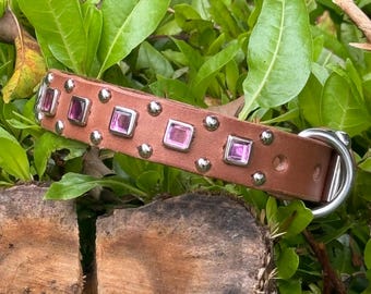Personalized Leather Dog Collar Jeweled collar,dog collar & nameplate, Custom dog collar,Rustic leather collar, Pink Square Rhinestone,3/4
