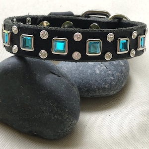 Luxury Leather Small Dog Collar, Turquoise Square Crystal Collar, Custom Designer Dog Collar – 3/4” Wide Black