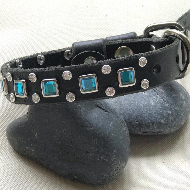 Luxury Leather Small Dog Collar, Turquoise Square Crystal Collar, Custom Designer Dog Collar – 3/4” Wide image 13