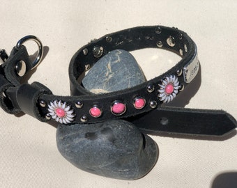 Floral Trendy Girly Leather Dog Collar,  Dasiy Collar, Small Dog Collar, Personalized Pink Daisy Flower Dog Collar, 3/4” Inch