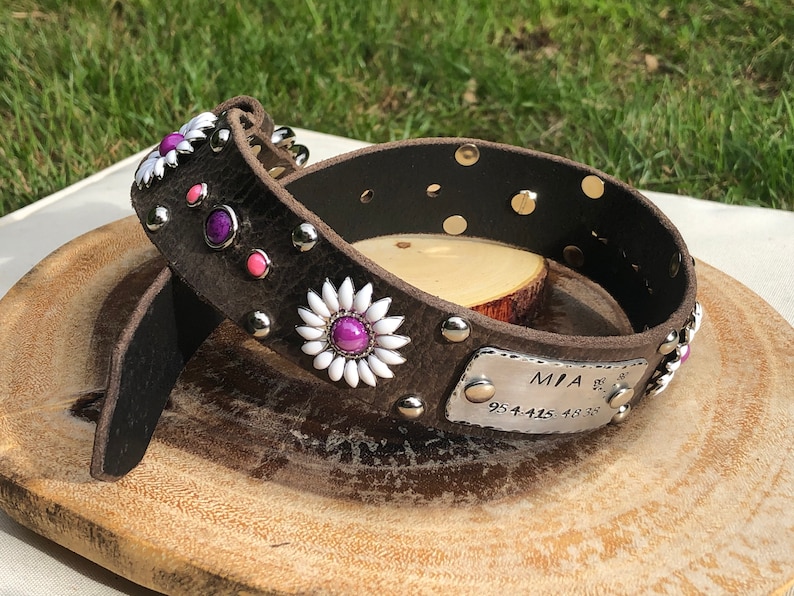 Daisy Trendy Girly Leather Dog Collar ,1.5\u201d Inch for Large Dog Personalized Nickel Stamped Nameplate in Purple /& Pink Flower Female Collar