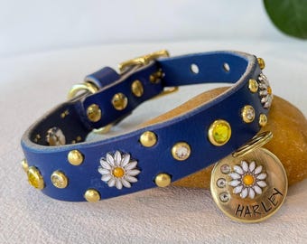 May include: A dark blue leather collar featuring gold-tone metal studs, clear crystals, and white daisy-shaped embellishments with yellow centers. A round gold-tone metal tag hangs from the collar, engraved with the name HARLEY and a daisy.