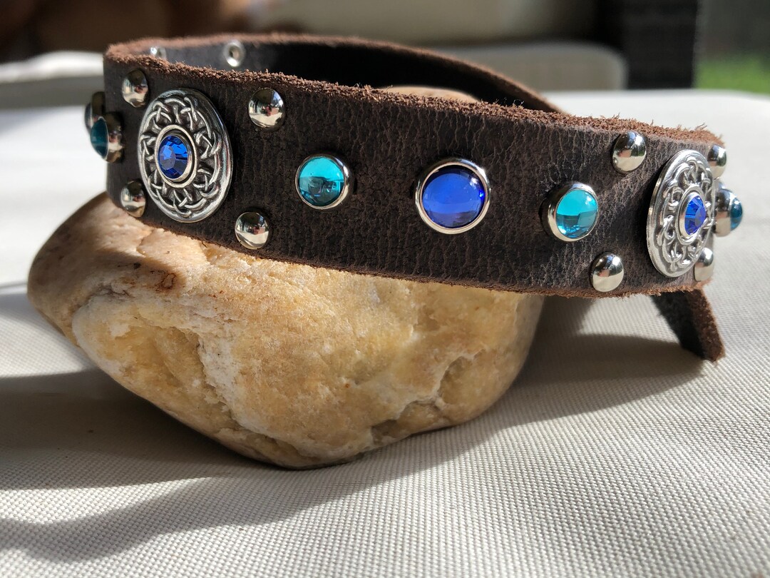 Leather Dog Collar, Blue Swarovski Crystal Dog Collar With