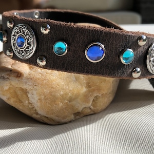 Leather Dog Collar, Blue Swarovski Crystal Dog Collar with Florentine Bezel Concho 1 inch collar for Medium Size Dog