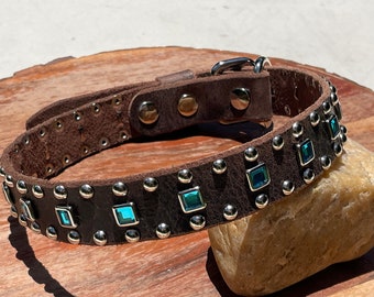 May include: A brown leather dog collar with silver studs and turquoise blue square-shaped rhinestones.