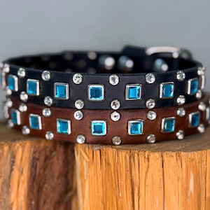 Luxury Leather Small Dog Collar, Turquoise Square Crystal Collar, Custom Designer Dog Collar – 3/4” Wide image 5