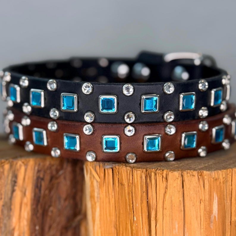 Luxury Leather Small Dog Collar, Turquoise Square Crystal Collar, Custom Designer Dog Collar – 3/4” Wide image 5