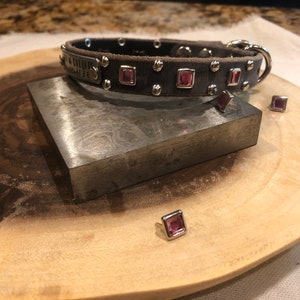 Personalize Leather Pink Square Crystals Handcrafted Dog Collar 3/4” Inch Wide For Small Dogs, Custom Leather Collar.