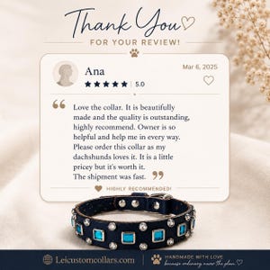 May include: A dark blue pet collar featuring a row of square-cut bright blue gemstones alternating with smaller round clear crystals, secured with a metal buckle. Above, a customer review card displays the text Thank You For Your Review, Ana, 5.0 stars, and a testimonial about the collar, with the website Leicustomcollars.com at the bottom.