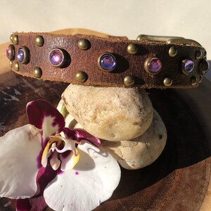 Personalize Custom Luxury  Pink & Purple Crystals, Rustic Leather Dog Collar, in Brass, 1&quot; inch wide, gift for Mather&#39;s Day and Dog Lover