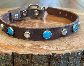 Small Western Leather Dog Collar with Turquoise gem , Biker Collar 3/4 Inch Wide Collar,