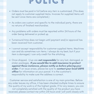 May include: A light blue background with a white gingham pattern. The word "POLICY" is in large, blue, bubble letters. Text below outlines order, shipping, and customer service policies.