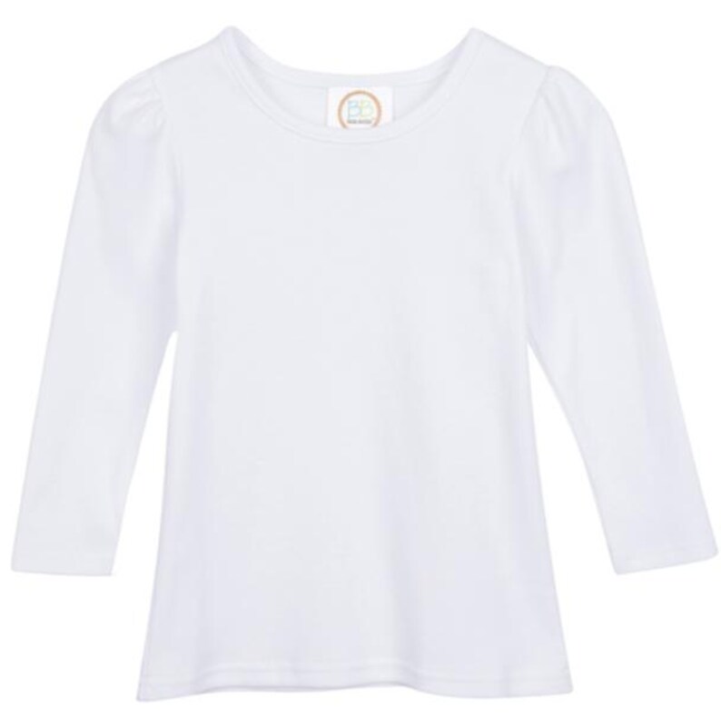 May include: A white long-sleeved top with a round neck and gently puffed sleeves. The shirt features a small, circular logo near the neckline. The sleeves reach the wrists.