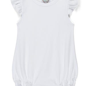 May include: A white baby romper with frilled sleeves and a round neckline. The romper has a bubble shape with elastic at the leg openings. A small tag is visible on the neckline.