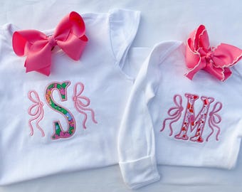 Applique Letter with Bows onesie, bubble, shirt