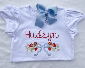 Strawberry bow with name onesie, bubble, shirt
