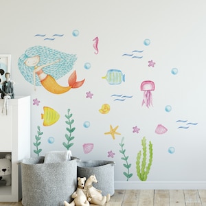 Colorful Mermaid Wall Decals for Kids Room, Whimsical Sea Life Wall Stickers, Mermaid Nursery Decor, Underwater Wall Decor