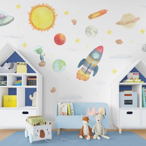 Space Wall Decals, Watercolor Planets Wall Stickers, Spaceship Nursery Decor, Rocket, UFO Kids Room Decor, Planets, Stars Playroom decor