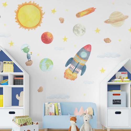Space Wall Decals Watercolor Wall Stickers Spaceship Etsy