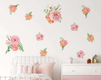 Floral Wall Decals for Girl Room, Pink Flowers Wall Stickers, Bloom PVC Free Fabric Wall Decal