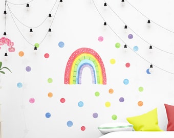 Watercolor Rainbow and Polka Dots Wall Decals, Bright Kids Room Stickers, Rainbow Nursery Decor, Colorful Kids Room Decor