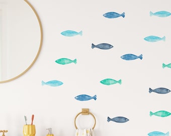 Fish Wall Decals, Blue Underwater Kids Room Stickers, Nautical Nursery Decor, Watercolor Wall Decals