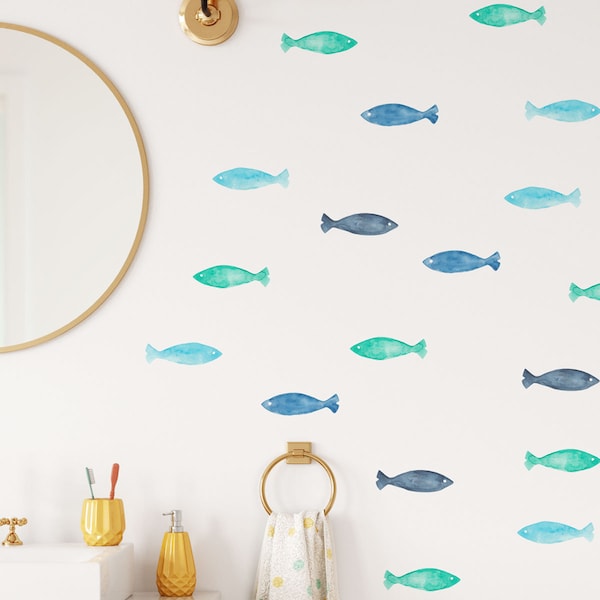 Fish Wall Decals, Blue Underwater Kids Room Stickers, Nautical Nursery Decor, Watercolor Wall Decals