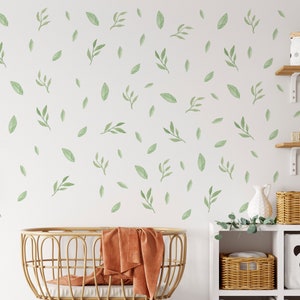 Sage Green Leaves Wall Decals, Greenery Wall Stickers, Boho Room Stickers, Leaf Kids Room Decor, Playroom Wall Decal