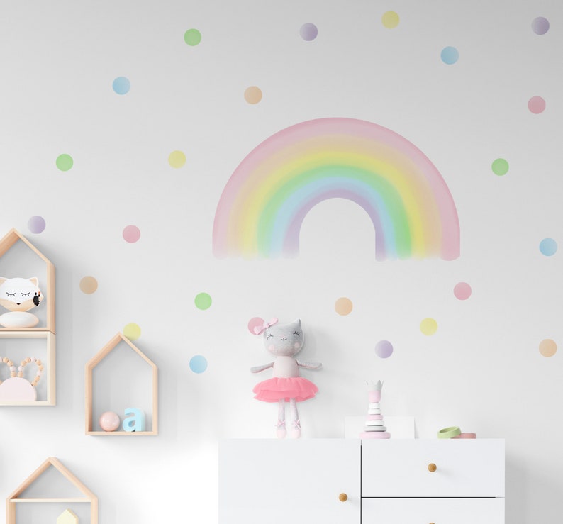 Rainbow Wall Decals, Pastel Girl Room Stickers, Rainbow and Polka Dots Nursery Decor, Pastel Color Kids Room Decor image 1