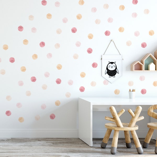 Gedämpftes Rosa, Beige und Ocker Aquarell Polka Dots Wandtattoos, Konfetti Wandaufkleber, Mädchen Zimmer Aufkleber, Rosa Kinderzimmer Dekor,