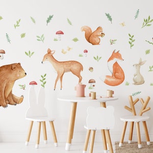 Decalques de parede de animais da floresta para quarto de crianças, adesivos de parede de animais da floresta em aquarela