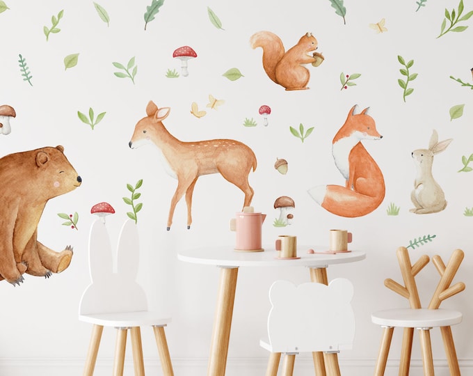 Woodland Animals Wall Decals for Kids Room, Watercolor Forest Animals ...