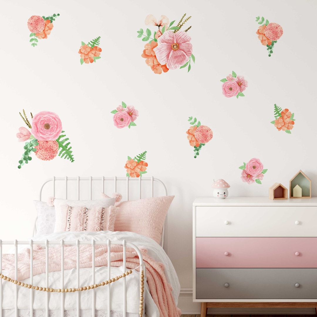 Floral Wall Decals for Girl Room, Pink Flowers Wall Stickers, Bloom PVC