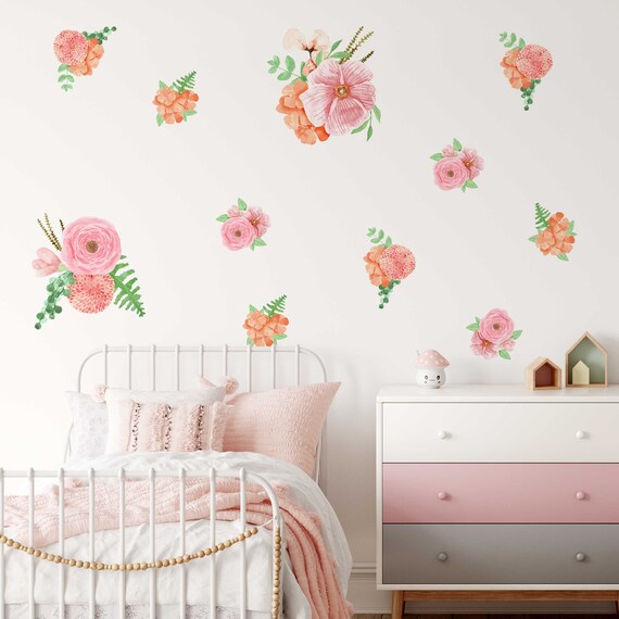 Floral Wall Decals for Girl Room Pink Flowers Wall Stickers Etsy