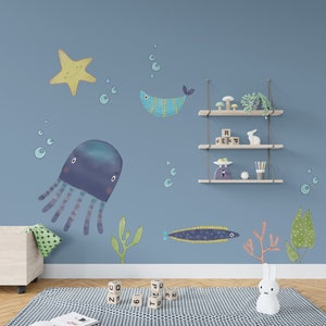 Stickers muraux sur le thème de la vie sous-marine, stickers de chambre sur le thème de la vie marine, décoration maritime pour chambre d’enfant, décoration de chambre d’enfants avec des poissons de l’océan, pieuvre, stickers muraux d’étoiles de mer
