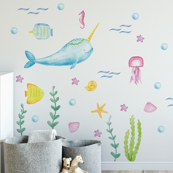 Colorful NArwhal Wall Decals for Kids Room, Whimsical Sea Life Wall Stickers, Fish Nursery Decor, Underwater Wall Decor